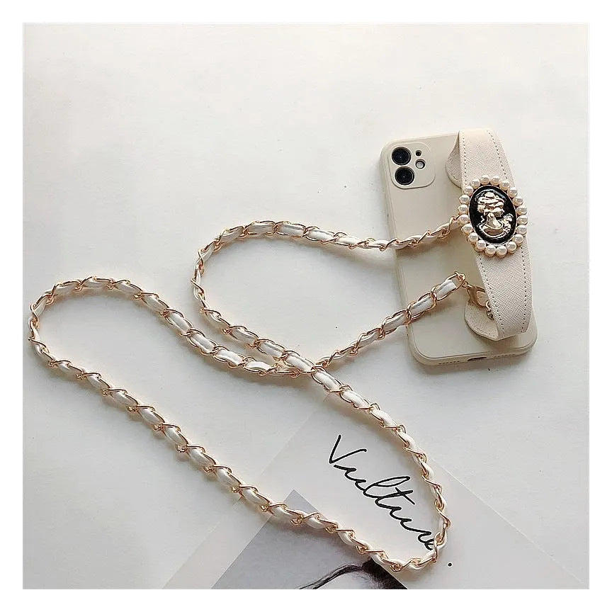White TPU wrist strap crossbody chain protective phone case for iPhone with lanyard