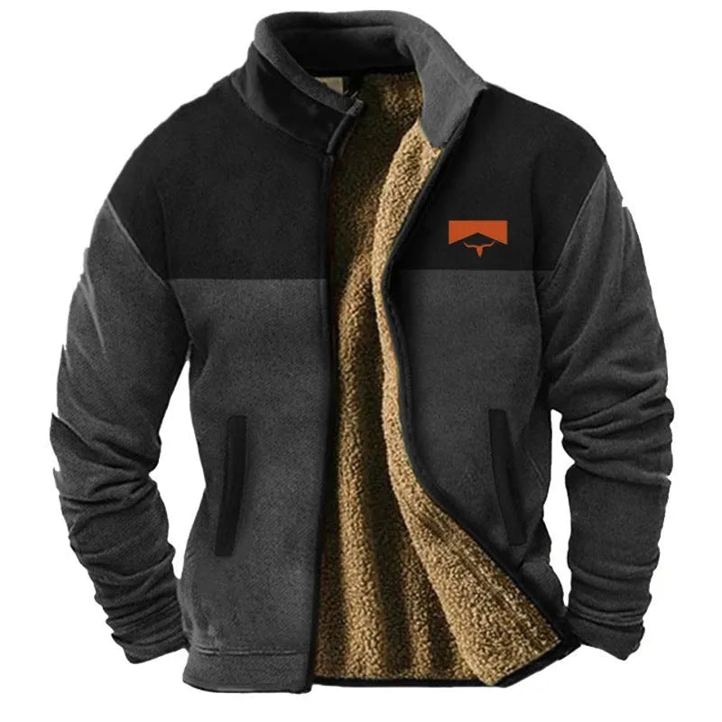 Men's green polyester fleece padded coat on a hanger, showing regular fit and quilted padding.