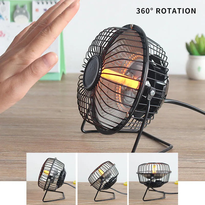 Bakingl Little Sun 4 inch black electric fan heater on a desk with quiet energy-saving operation