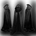 Black satin hooded cloak displayed flat showing full length and hood detail