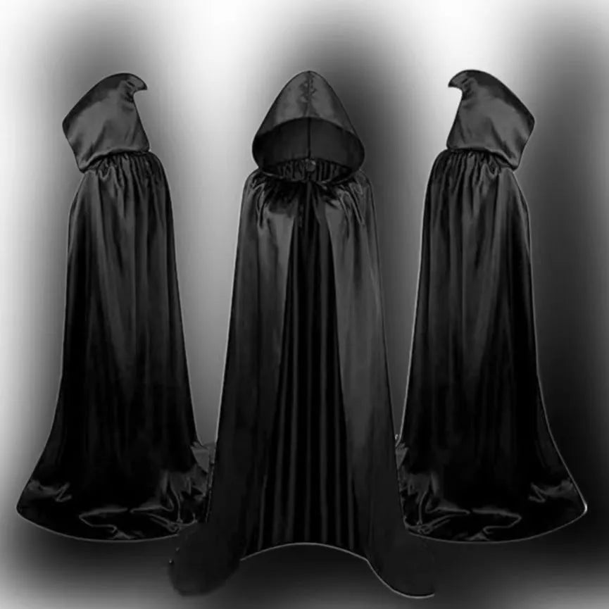 Black satin hooded cloak displayed flat showing full length and hood detail