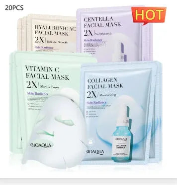 Single 30g collagen and hyaluronic acid facial sheet mask on packaging, with Centella, Vitamin C, Collagen variant options.