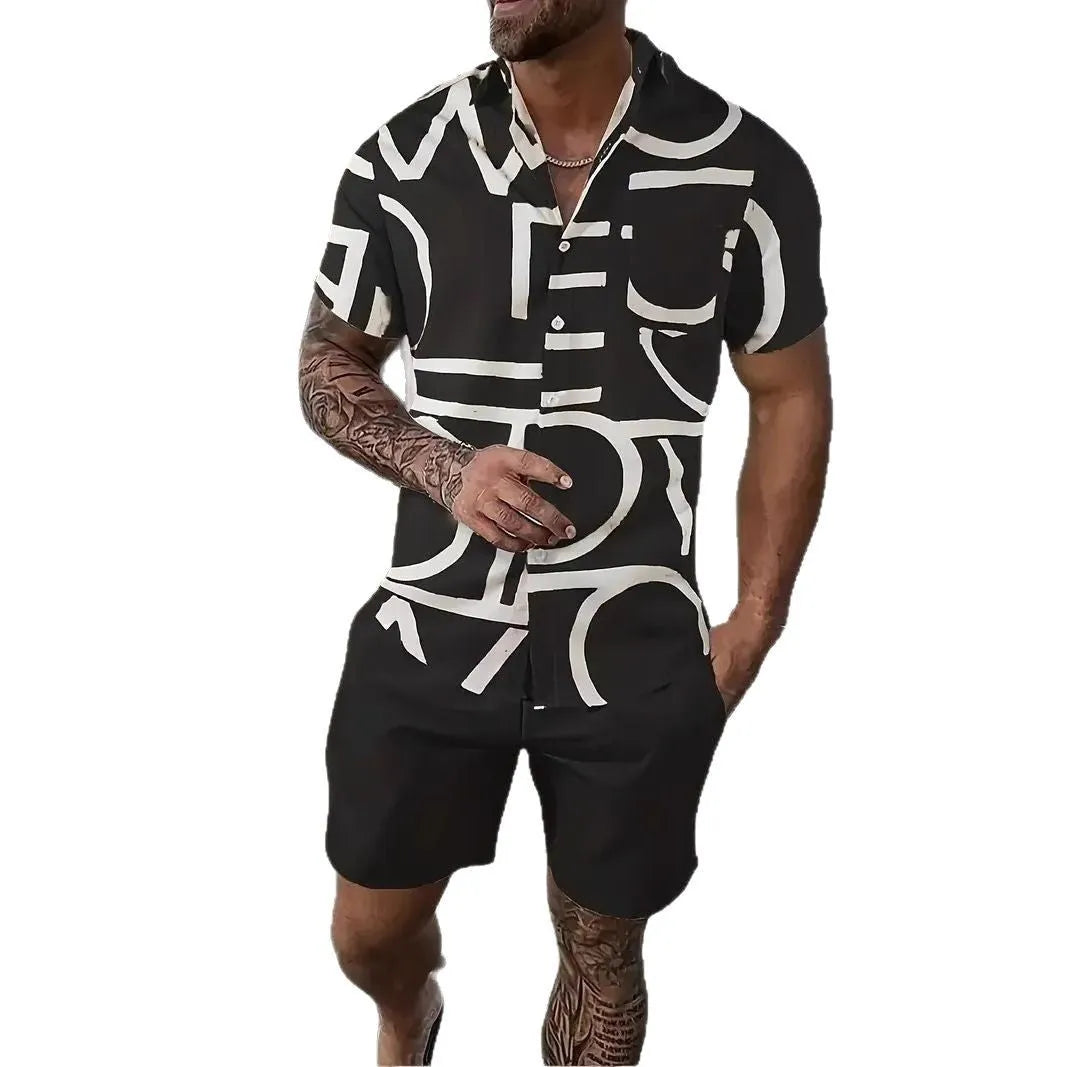 Men's 3D printed Hawaiian short sleeve suit set with matching top and shorts on a model.