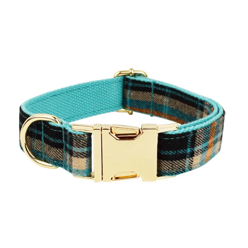 Green retro dog collar and leash set with matching vest and bow accessory