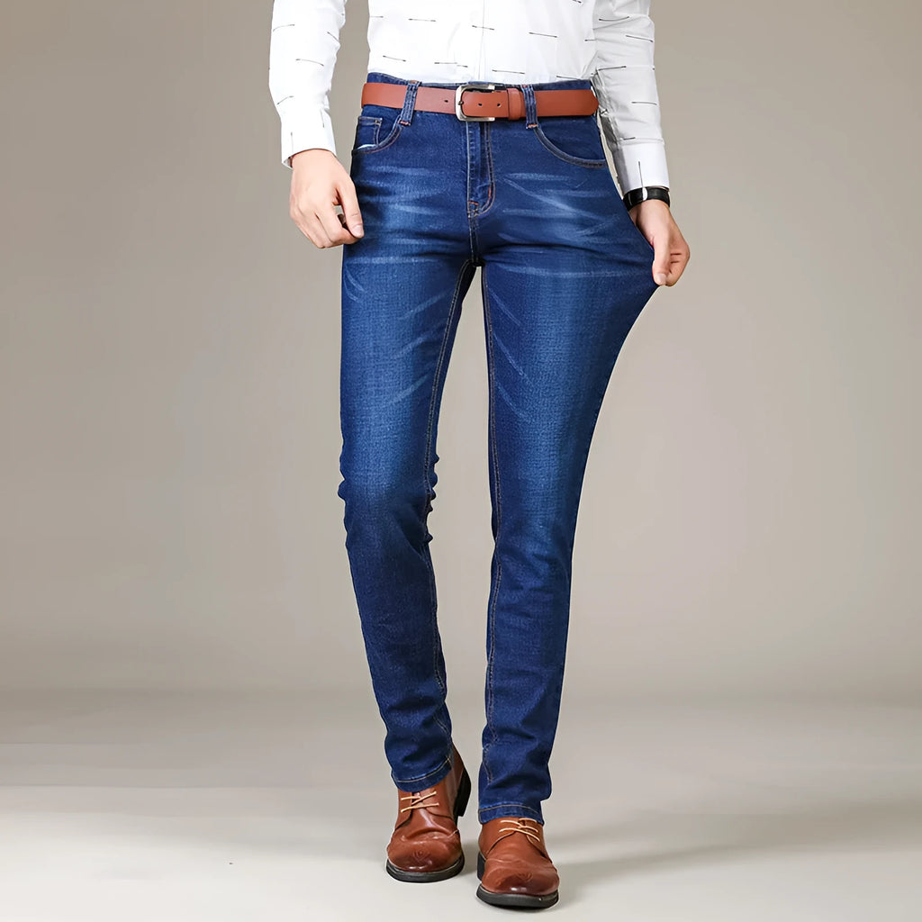 Men's stretch slim straight business casual jeans in blue cotton denim, available in sizes 28 to 40