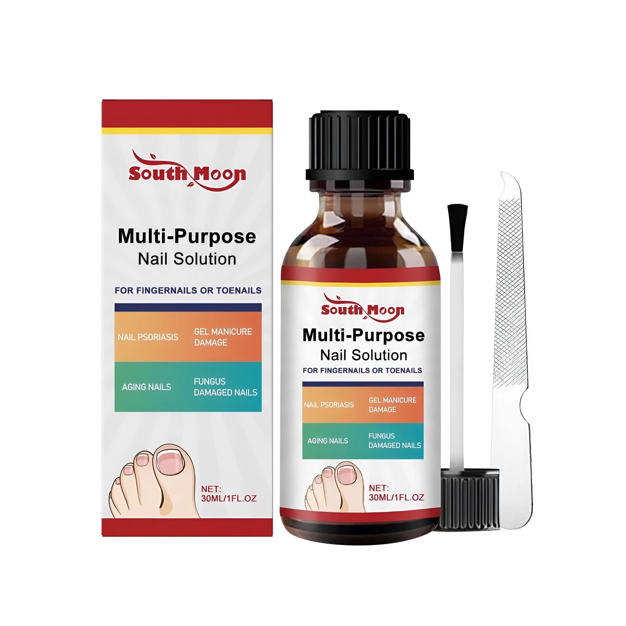 30ml bottle of tea tree oil nail care solution and a nail file on a white background