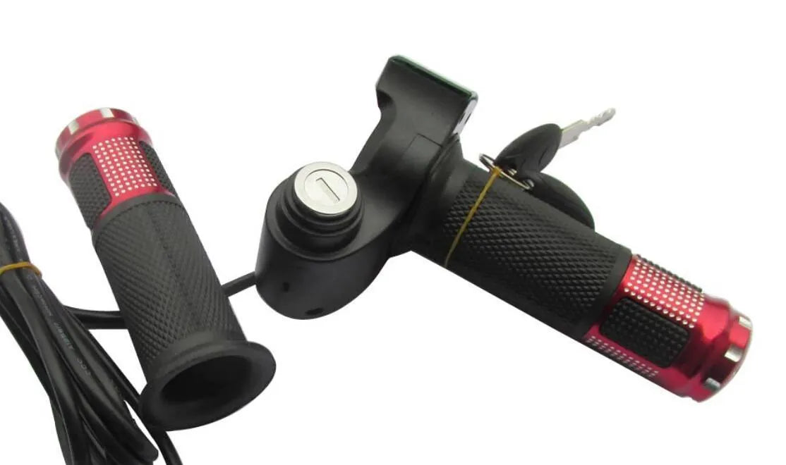Electric vehicle handlebar throttle unit in blue, red, silver, or yellow, showing 5-core wiring connector