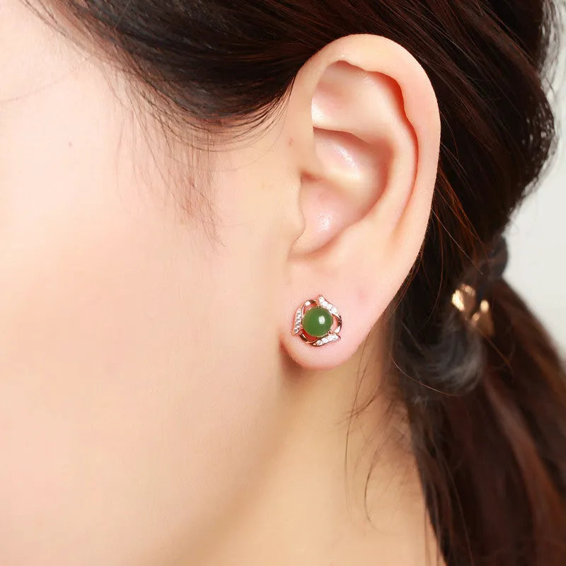 Round green jade earrings with 925 silver rose gold finish and jasper stone