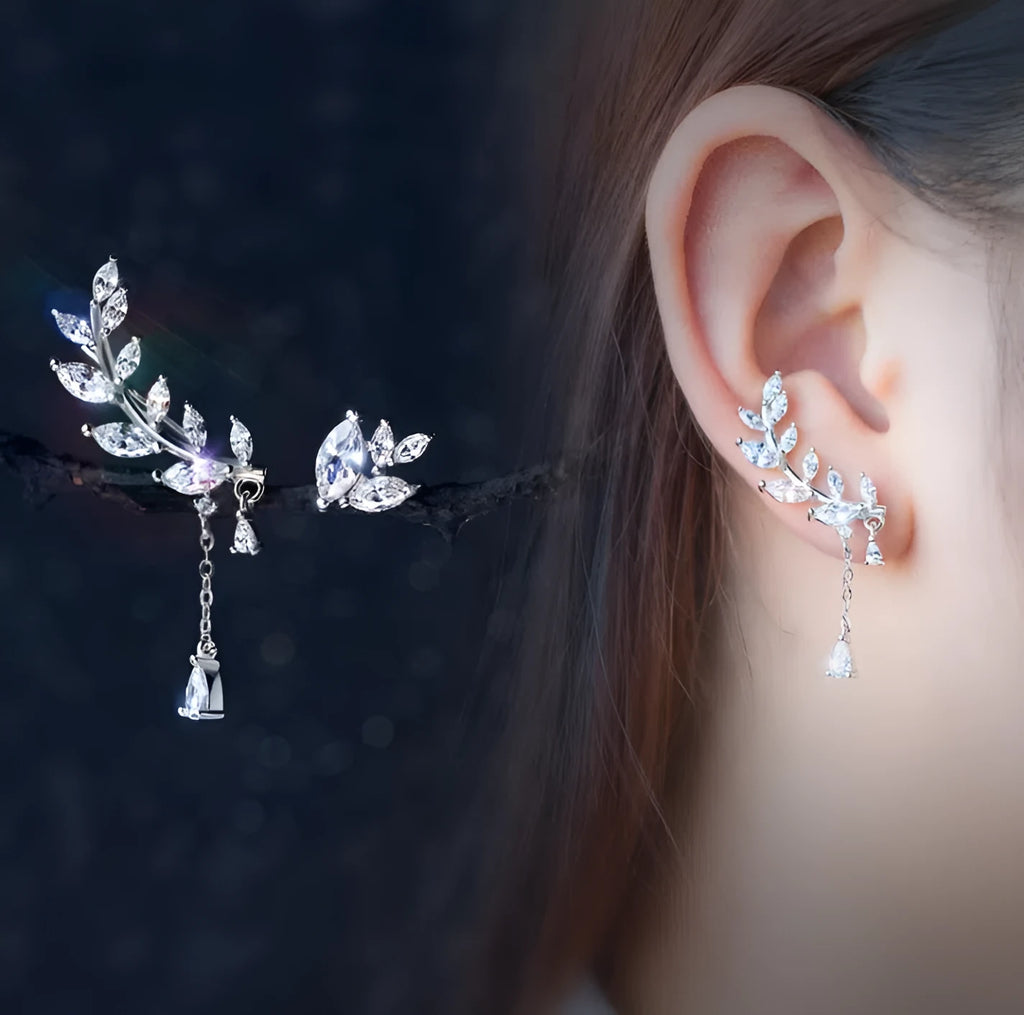 Pair of 925 silver asymmetrical leaf drop earrings with plated finish in large and small S925 silver sizes for women
