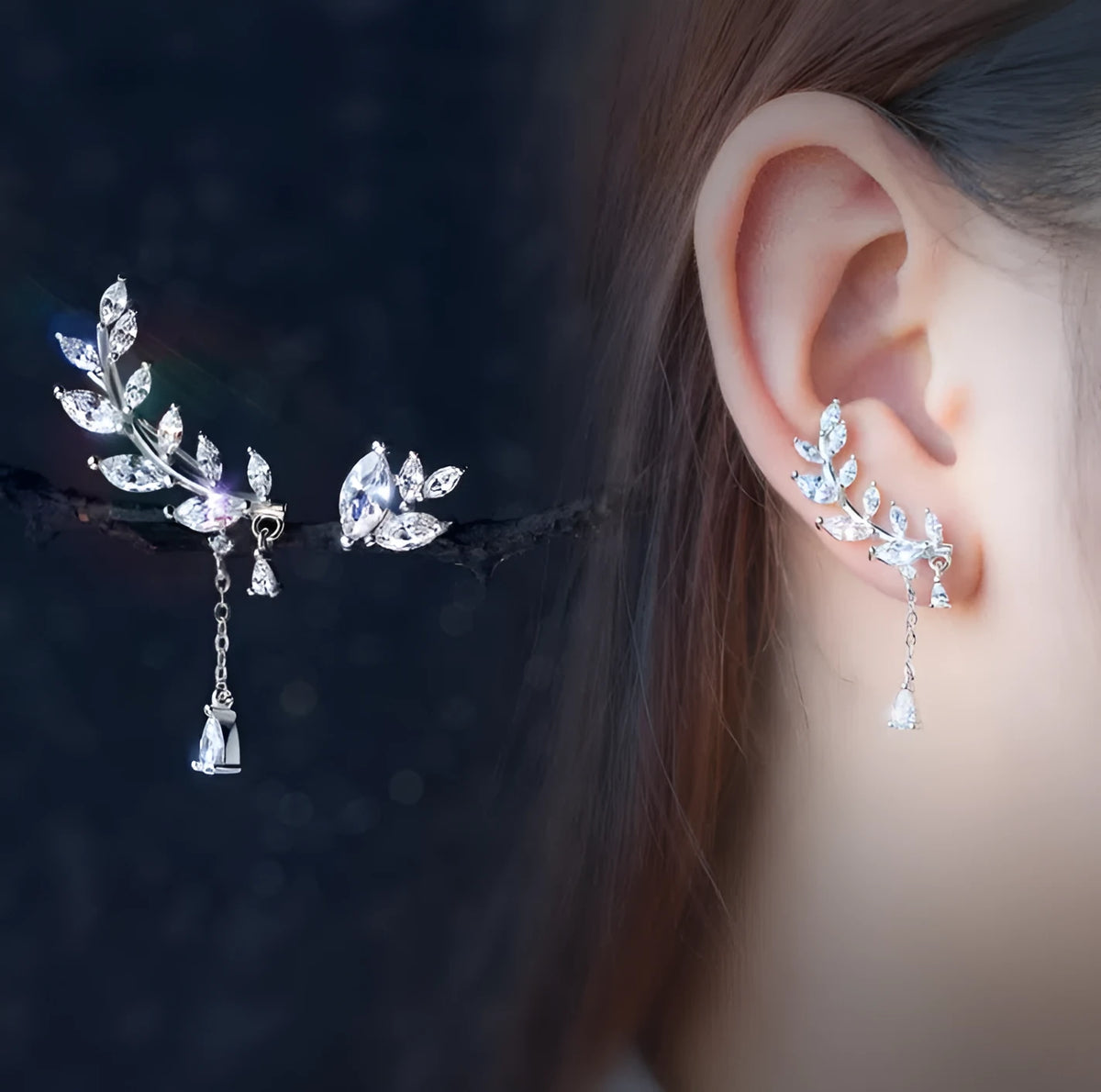 Pair of 925 silver asymmetrical leaf drop earrings with plated finish in large and small S925 silver sizes for women