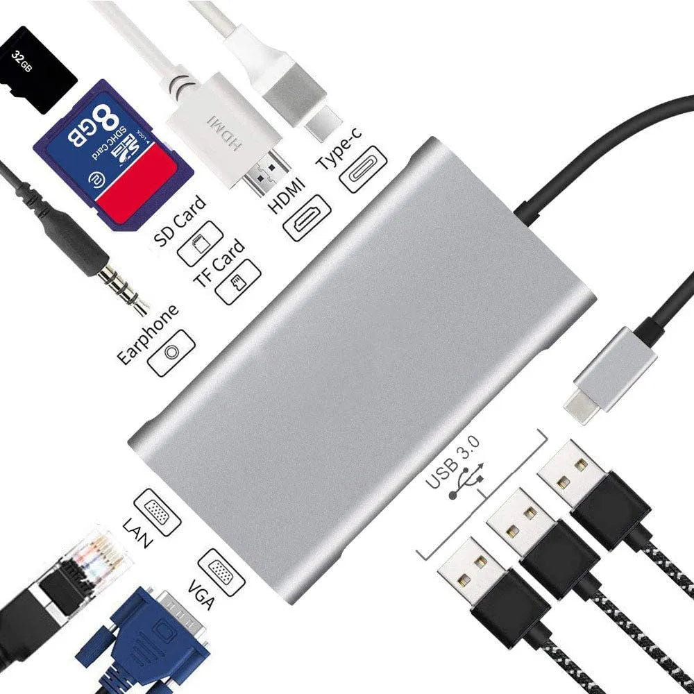 USB-C to HDMI ten-in-one expansion dock in grey with ports and integrated cable