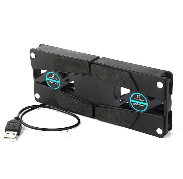 Rotatable USB cooling fan pad with two fans and alloy foldable construction for laptops 8-14 inch