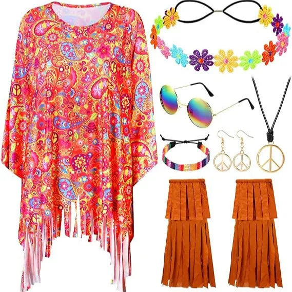Tie dye pattern cloak costume with wide bell sleeves and irregular hemline, shown in rainbow colours.