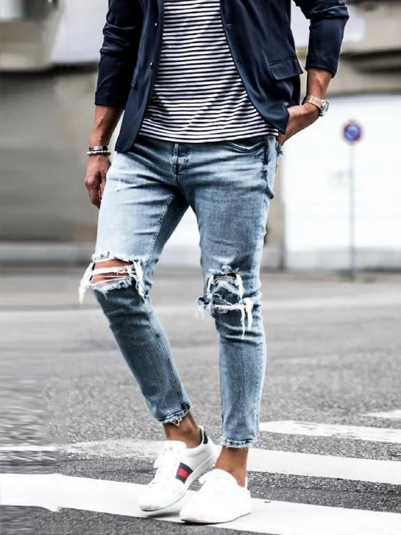 Men's light blue straight-leg distressed jeans with embroidery and washed finish, five-point length, mid-rise zip closure