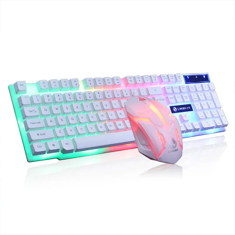 Limei GTX300 white and black backlit gaming keyboard and mouse set on a desktop