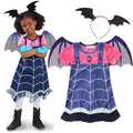 Blue cotton short sleeve princess Halloween dress for a young girl on a hanger.