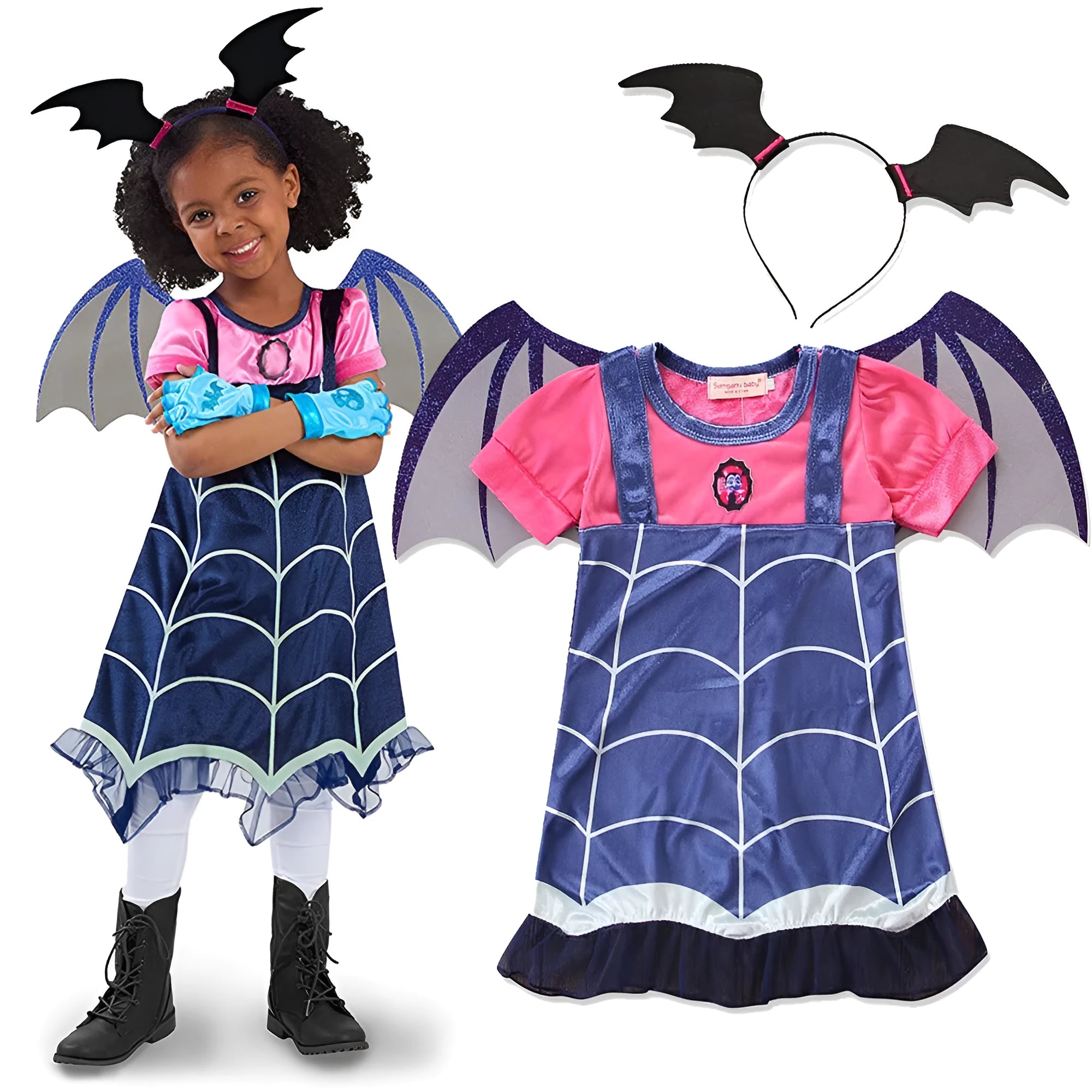 Blue cotton short sleeve princess Halloween dress for a young girl on a hanger.