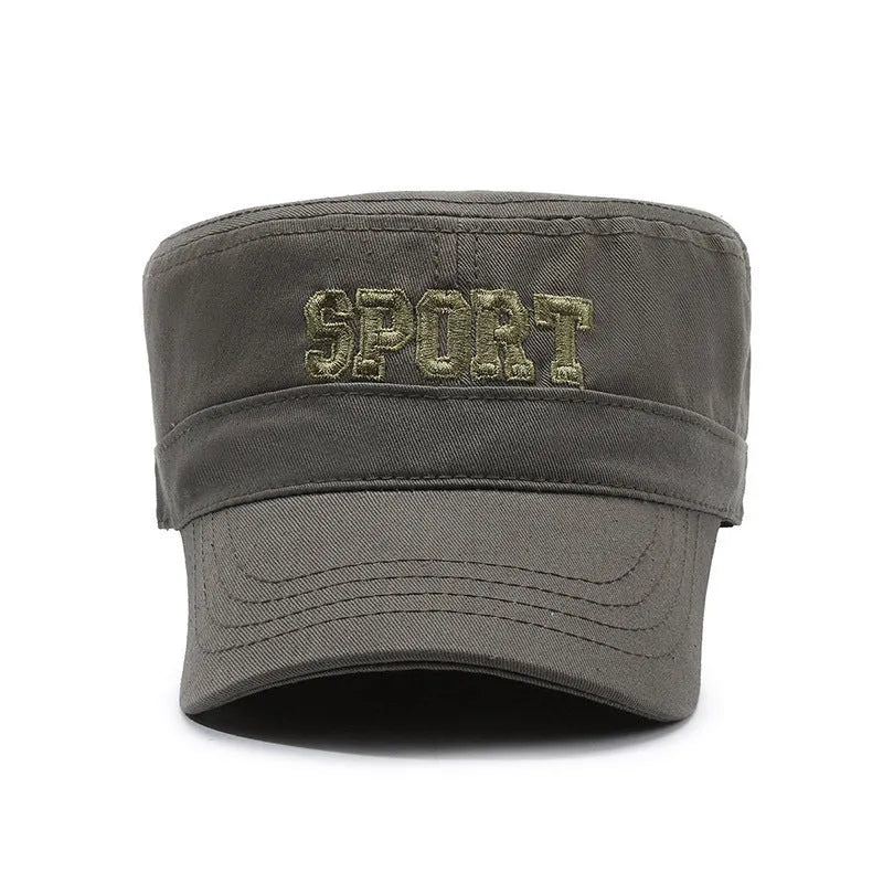 Men's flat-top peaked cotton cap in army green with an extended peak and adjustable back strap.
