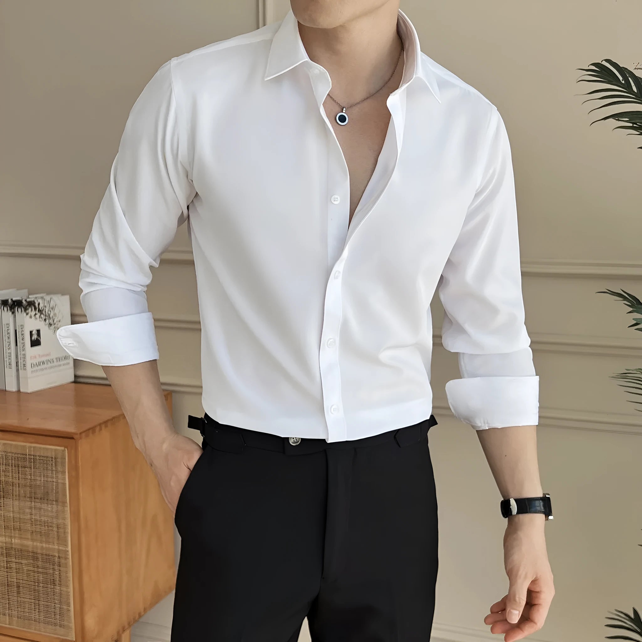 Seven-colour men's long-sleeved business shirt in polyester slim fit cardigan style for office commute
