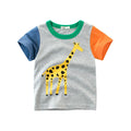 Children's cotton T-shirt with cool animal graphic print, short sleeves, available in Green lion, Grey giraffe, and Khaki Elephant designs.