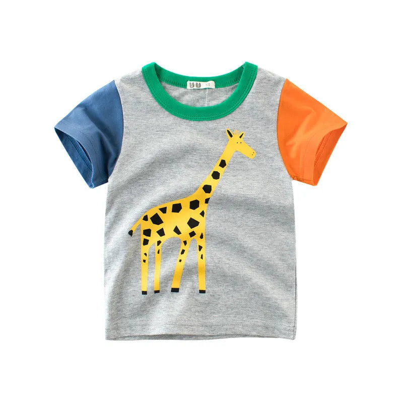 Children's cotton T-shirt with cool animal graphic print, short sleeves, available in Green lion, Grey giraffe, and Khaki Elephant designs.