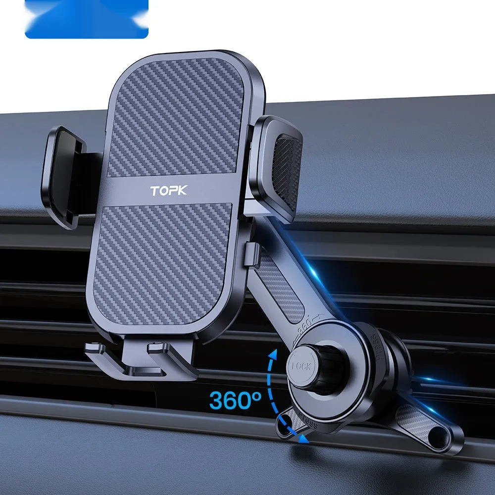 Universal car phone holder showing five different mounting bracket styles for windshield, dashboard and air vent installation.