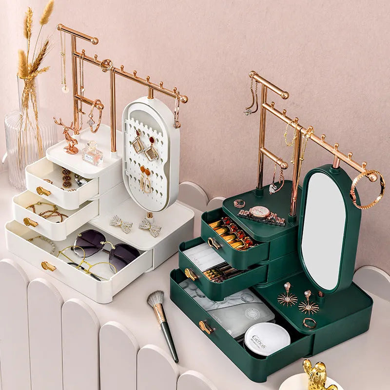 Light luxury cosmetics storage box with mirror in Pearl White on a desktop