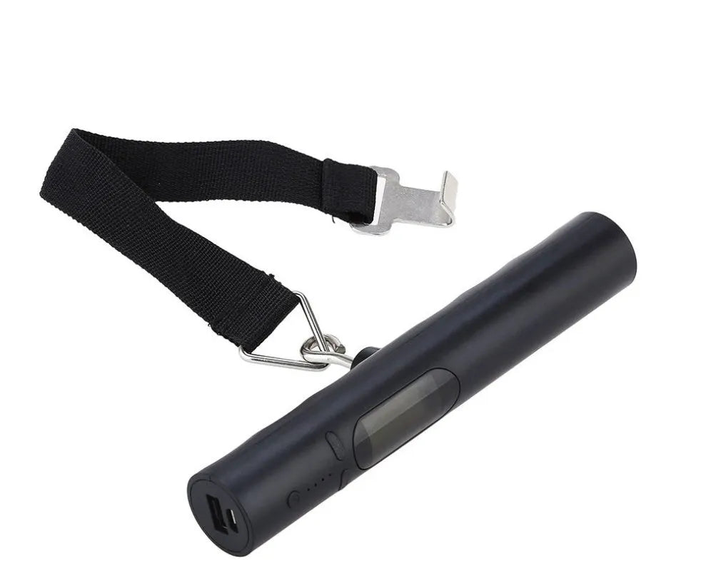 Black USB mobile power luggage scale with ABS body and blue backlit LCD display