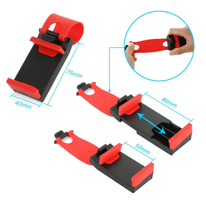Universal car steering wheel clip mount holder for mobile phones in black and red colours