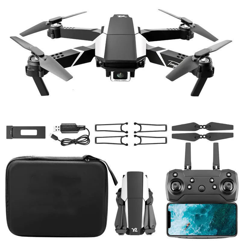S62 foldable quadcopter drone in black with dual camera and remote control on grass