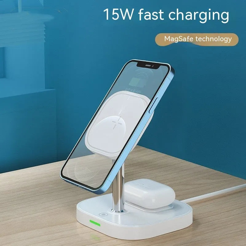 White magnetic wireless charger two-in-one stand with data cable on desk