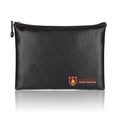 Black fire-proof contract information document bag shown in three different sizes for A4 paperwork.