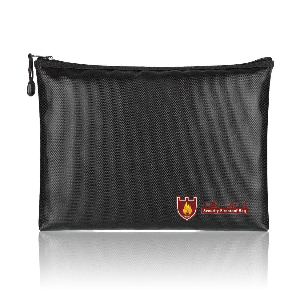 Black fire-proof contract information document bag shown in three different sizes for A4 paperwork.
