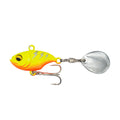 Metal fishing lure with a rotating sequin plate in zebra stripe orange colour.