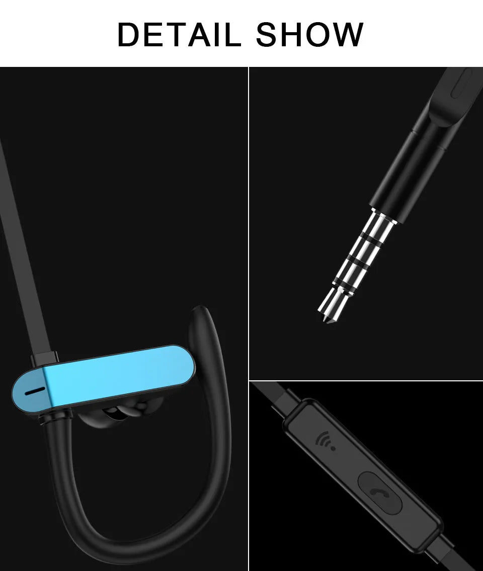 Sport ear hook headphones with microphone in black blue colour, showing the flexible ear hook and silicone earbud design.