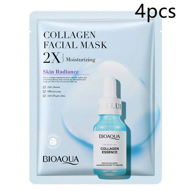 Single 30g collagen and hyaluronic acid facial sheet mask on packaging, with Centella, Vitamin C, Collagen variant options.