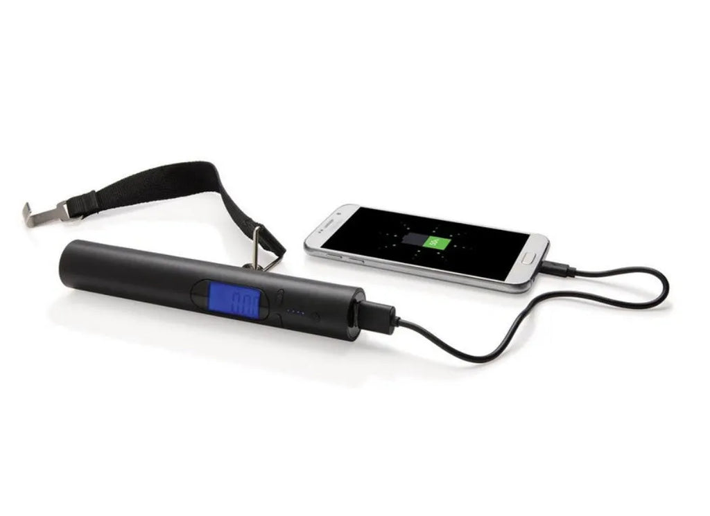 Black USB mobile power luggage scale with ABS body and blue backlit LCD display