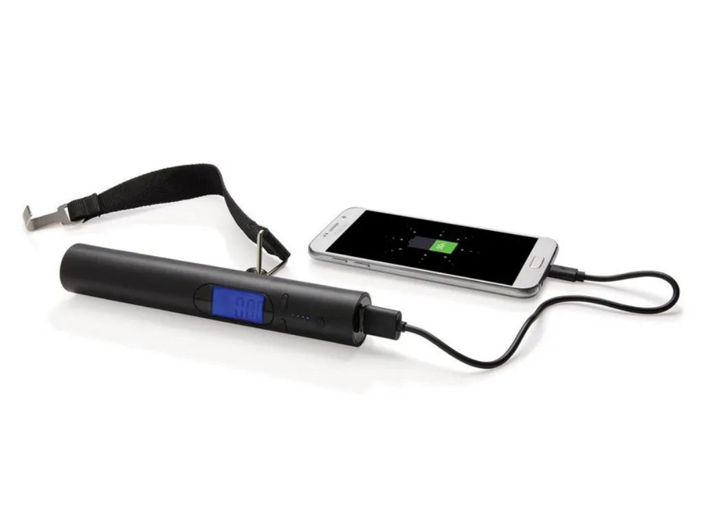 Black USB mobile power luggage scale with ABS body and blue backlit LCD display