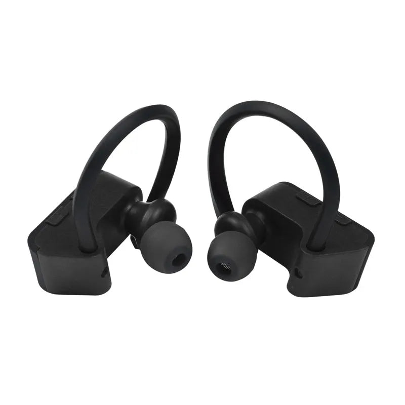 Black wireless Bluetooth earbuds with an ergonomic in-ear design and LED status indicator.
