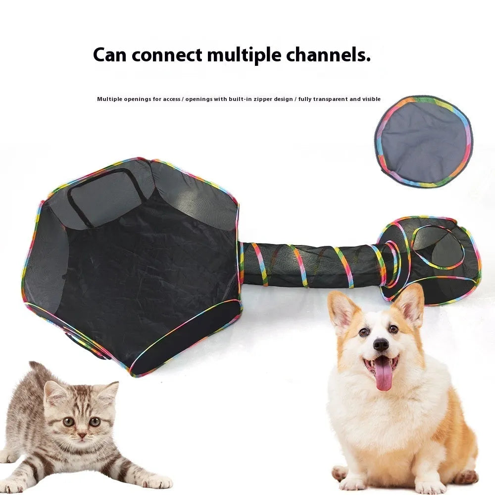 Foldable mesh cat roll cage playpen in a choice of five shapes: hexagonal, square, long straight, tee, and tent.