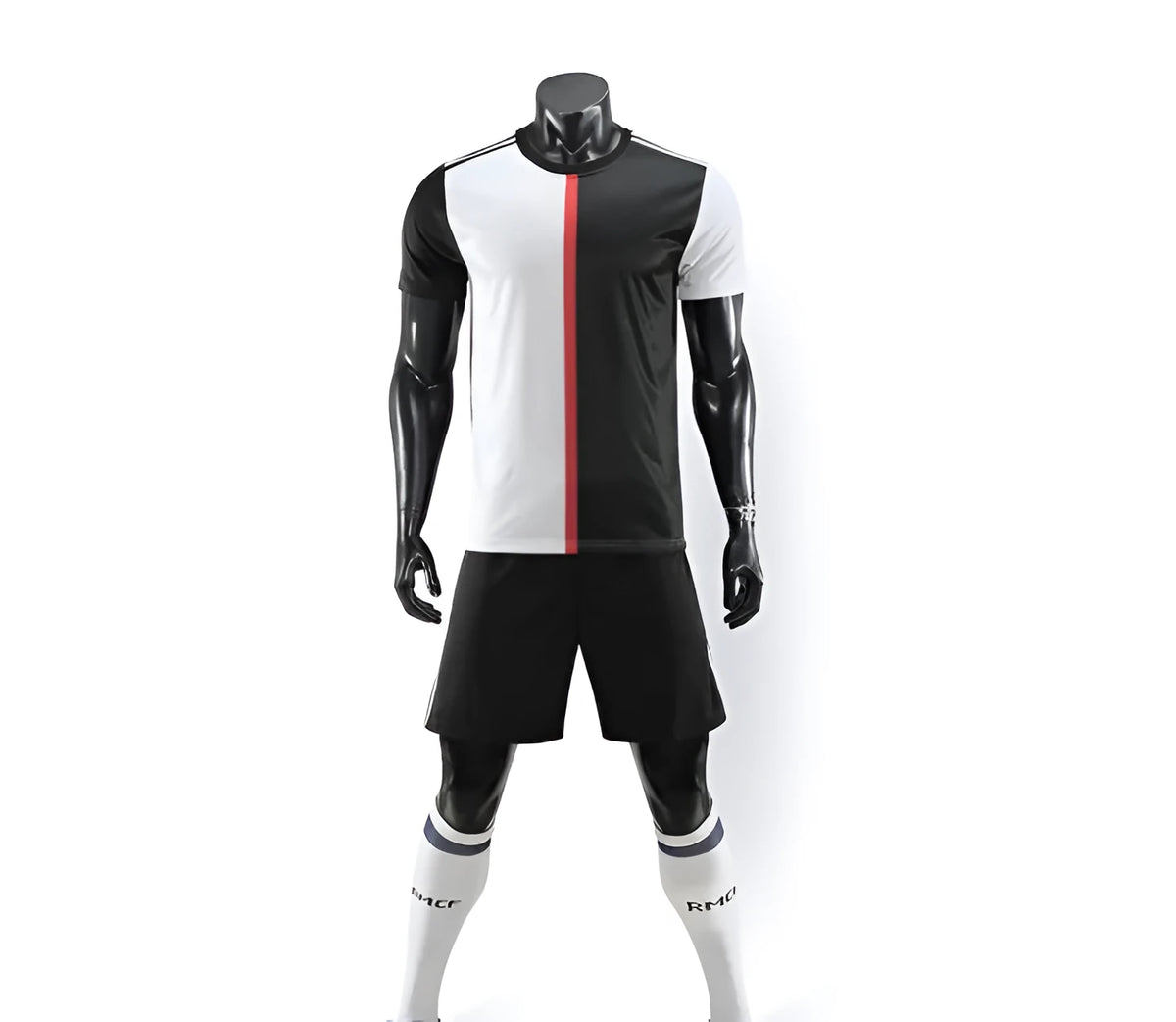 Men's football uniform in black and white cotton blend, one size front view