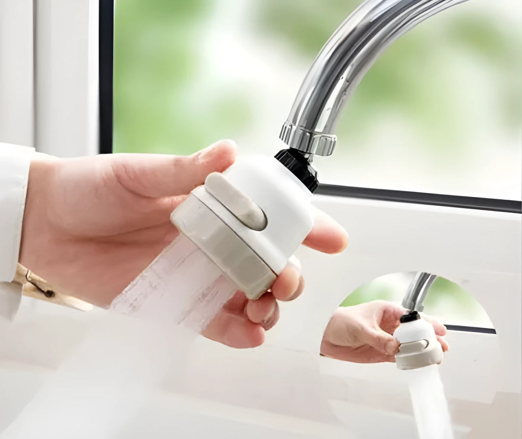 White and grey ABS faucet booster shower attachment with 3-mode spray and 360-degree rotation on round kitchen tap