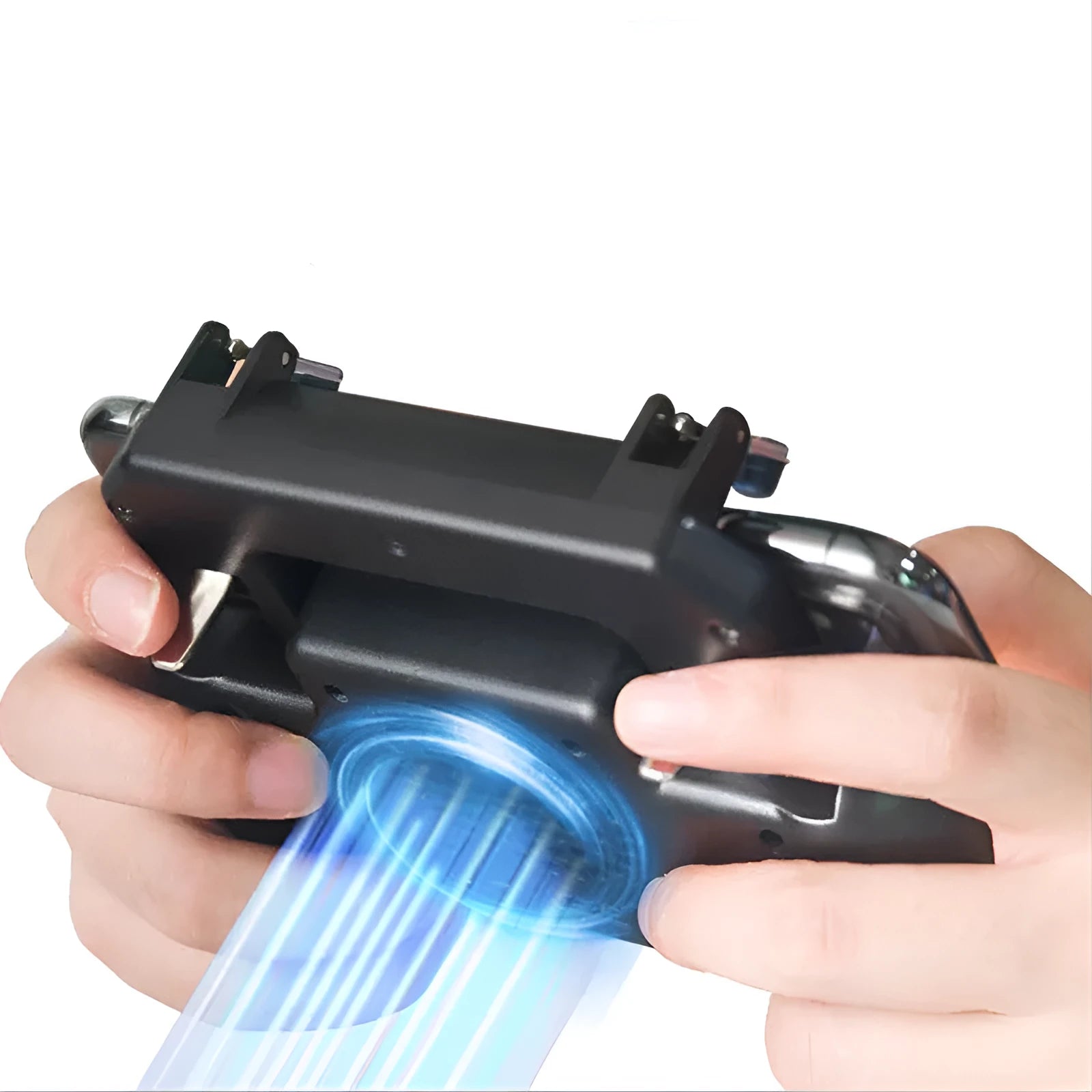 Black USB mobile game controller for smartphones with integrated grip and function buttons.