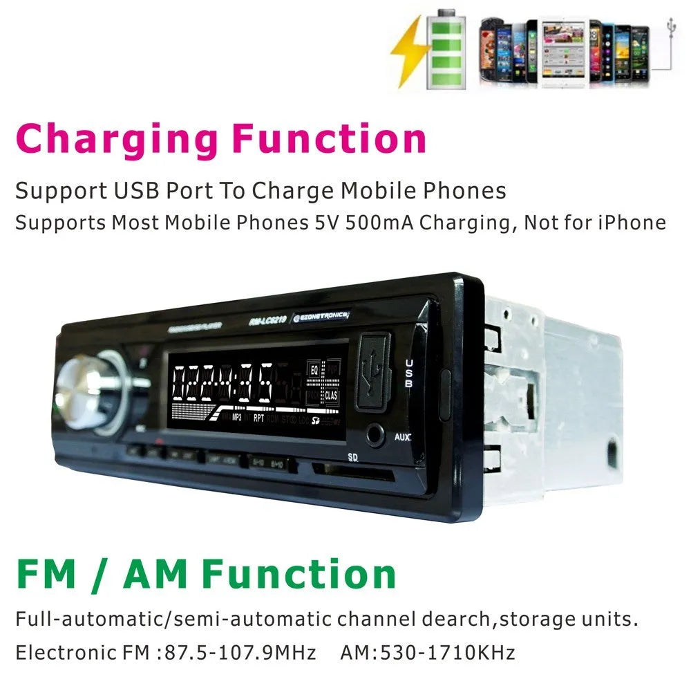 Car stereo with Bluetooth, USB port, SD card slot, auxiliary input, and display screen