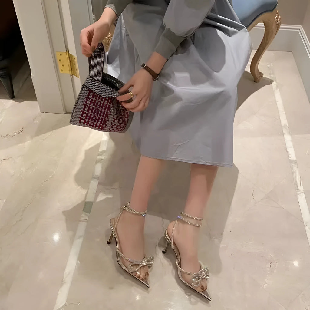 Women's black French-style stiletto heel sandals with silk bandage back strap and buckle fastening
