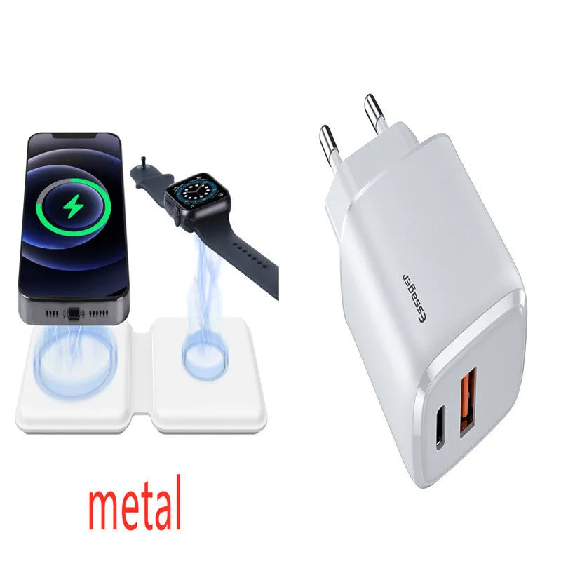 White foldable magnetic wireless charging dock with a phone attached and earbud case on the base.