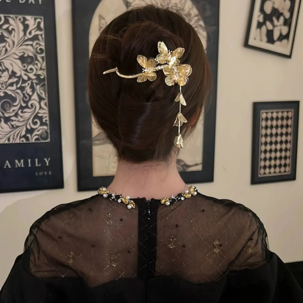 Butterfly tassel flowers hair clasp banana clip made of alloy with electroplated finish, Korean style, for women