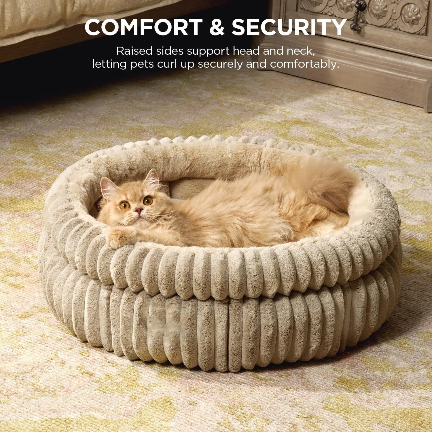 Washable round cat bed in beige with super soft plush faux fur and anti-slip bottom