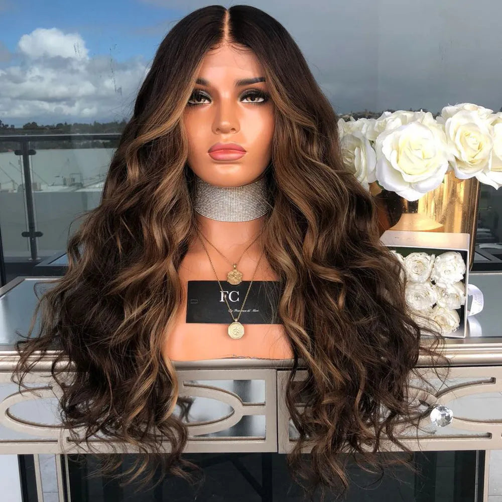 Long brown wig with high temperature wire hairline for natural look