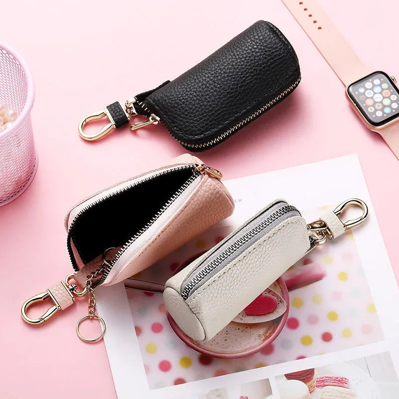 Minimalist black PU leather zipper key ring for car keys with waterproof protection